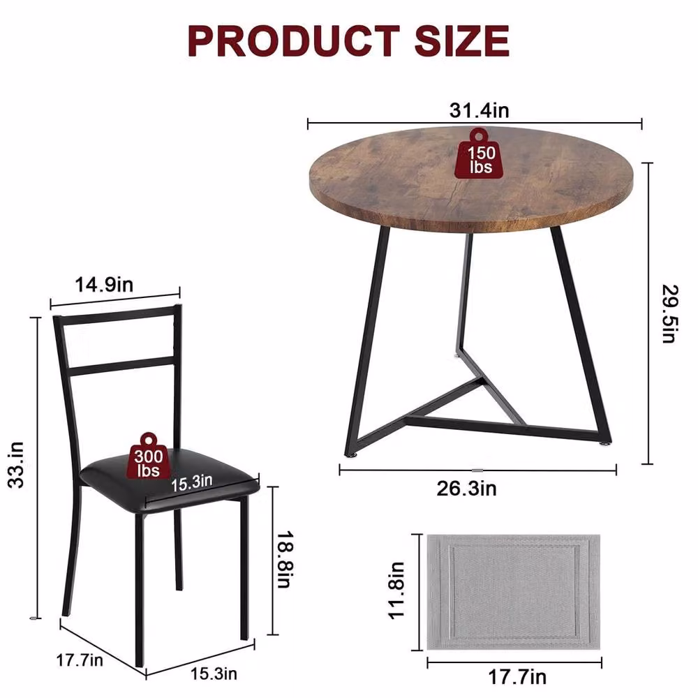 Havendro Round Dining Table and 2 Chairs Set in Brown Rustic MDF and Metal – 2
