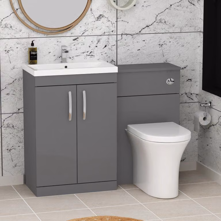 Royal Bathrooms Indigo Grey Gloss 2 Door Furniture Pack with Mid Edge Basin and Breeze Back to Wall Toilet, Width: 110 cm