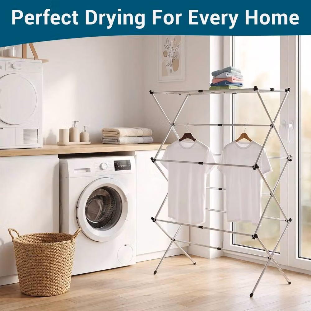 FLAVORA 3 Tier Foldable Metal Clothes Dryer Airer in Silver – 2