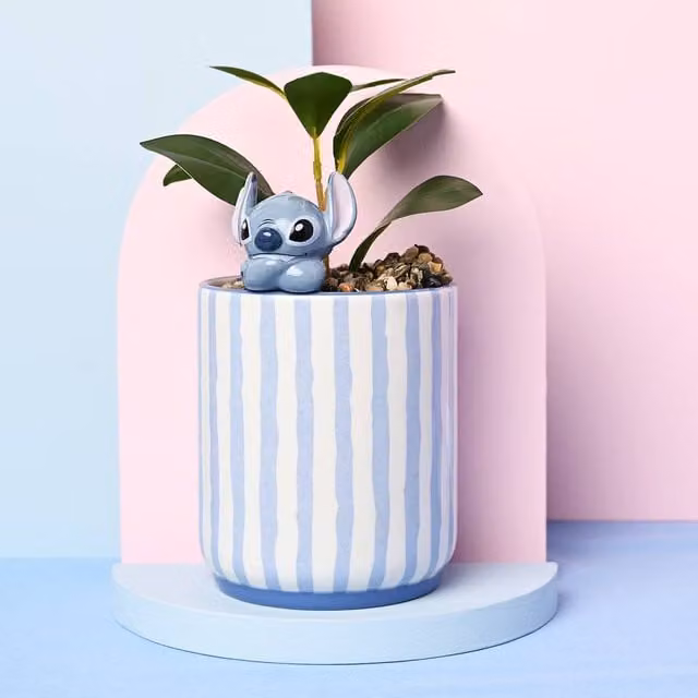 Widdop and Co Disney Stitch Ceramic Tabletop Planter with 3D Stitch and Faux Green Plant in Blue and Pink – 1