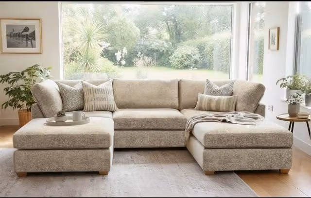 The Great Sofa Company Hyde U Shape Corner Sofa in Stone Fabric with Matching Ottoman and Scatter Cushions