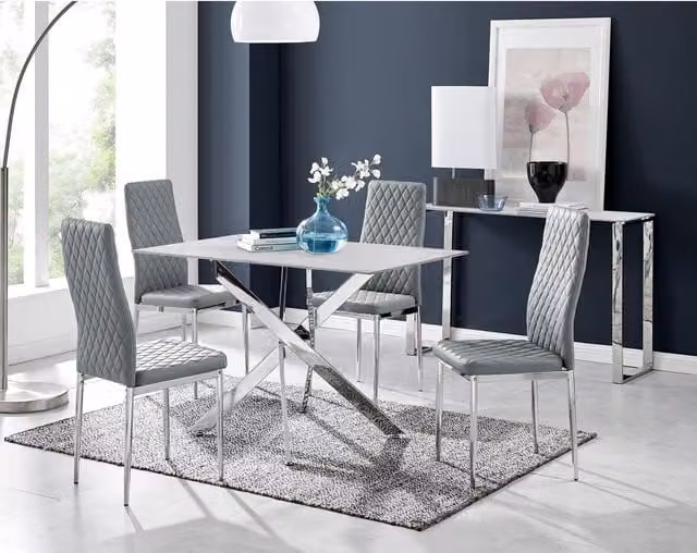 Furniturebox UK Leonardo White Glass Marble Effect Dining Table with 4 Milan Chairs in Grey and Silver