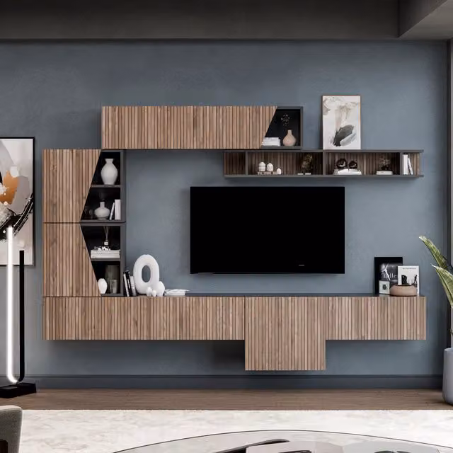 Decorotika Cruz Wall Mounted Modern Entertainment Center in Black and Brown with Abstract Wood Pattern