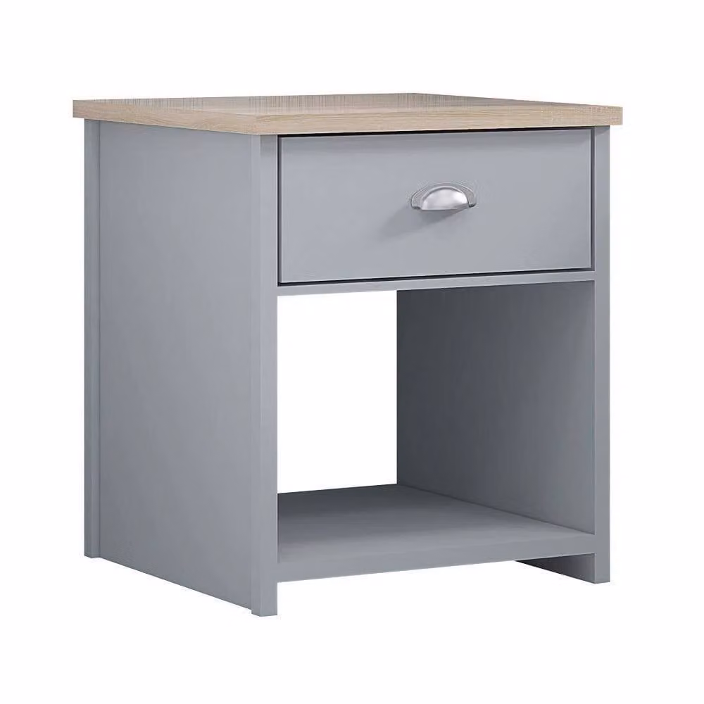 ERGOVEXA Grey Bedside Lamp Table with Oak Effect Top and One Drawer – 3