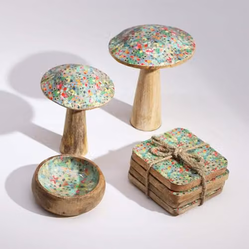 Serenityy Medium Wooden Garden Mushroom with Multicolour Mediterranean Geometric Tile Pattern – 2