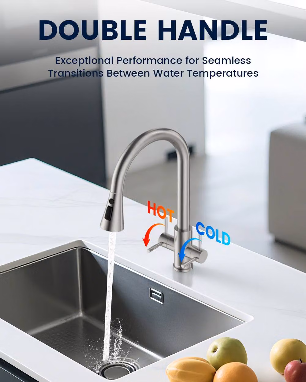 Dayone Dual Lever Kitchen Tap with 360 Degree Swivel Spout and Pull Out Spray in Brushed Silver Stainless Steel – 7