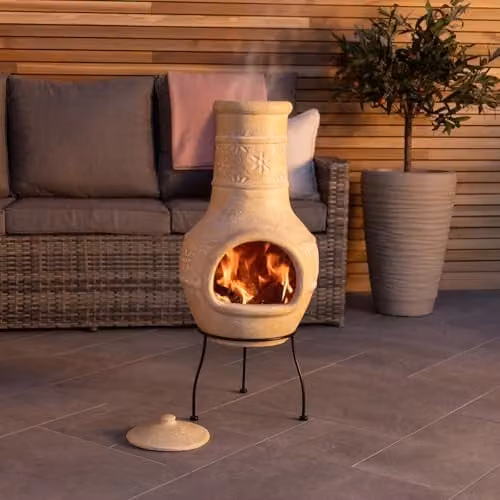 Charles Bentley Natural Clay Chiminea and BBQ Grill with Flower Design, Stand and Rain Lid, Beige, H 85 cm x W 42 cm – 1
