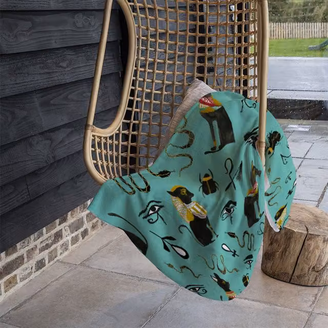 Benjamin Tate Design Hand Painted Abstract Ancient Egypt Horus Eye Signs Fleece Blanket in Green and Beige, W/D/H: 120 x 150 cm