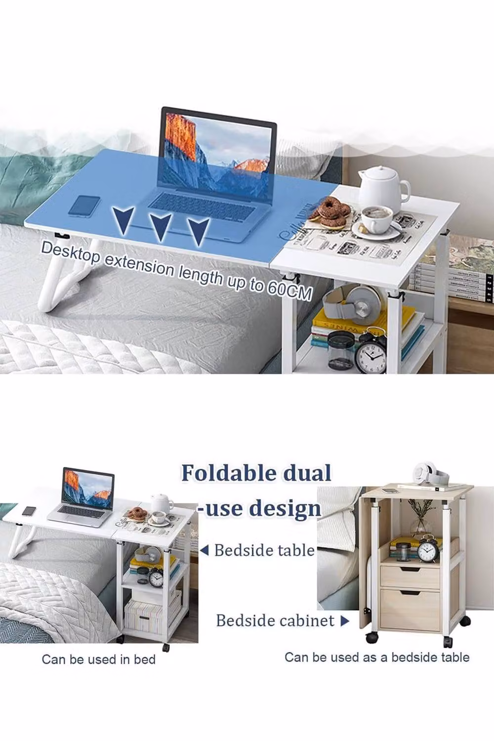 Living and Home Foldable Adjustable Overbed Table with Lockable Casters and Storage Shelves in White – 2