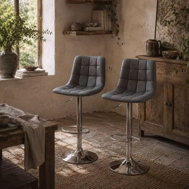 Wyld Haus Set of 2 Grey Tufted Faux Leather Swivel Bar Stools with Back Support – 1
