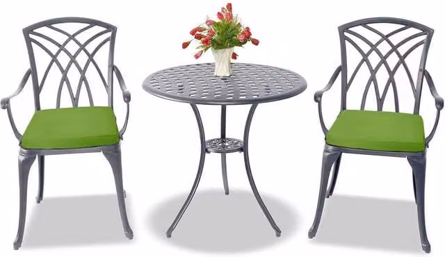 Centurion Supports OSHOWA Cast Aluminium Garden Bistro Set with Table and 2 Armchairs in Grey with Green Cushions