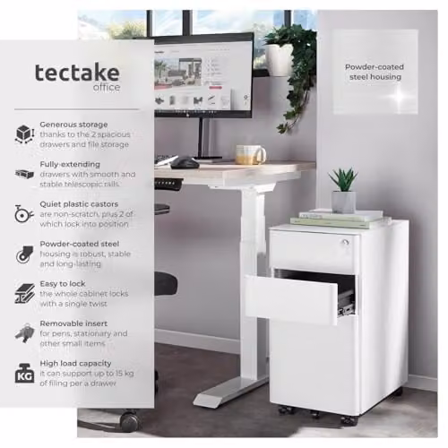 tectake Lockable Mobile Filing Cabinet in White Steel with 2 A4 Drawers and 1 Hanging File Drawer – 3