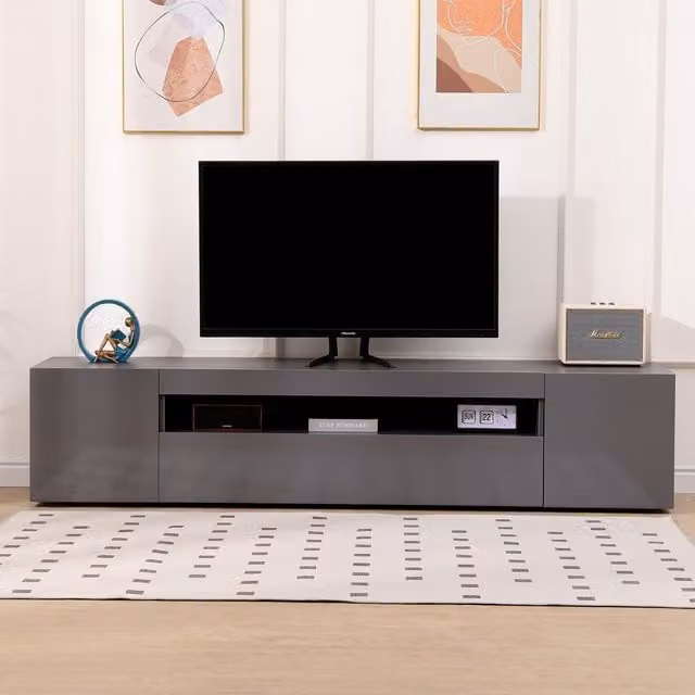MMT Furniture Designs DAIQ2.0 Modern Grey Glossy Wood Media Unit with Integrated Lighting W/D/H: 200 x 40 x 43 cm
