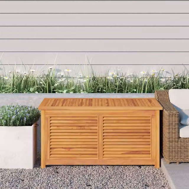 Berkfield Home Rustic Brown Teak Wood Garden Storage Box with Bag W/D/H: 114 x 50 x 58 cm – 1