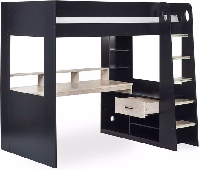 Cheshire Elm Single Gaming Highsleeper Bed in Black and Pale Wood with USB Charging Port and Stairs, W/D/H: 90 x 200 cm – 1
