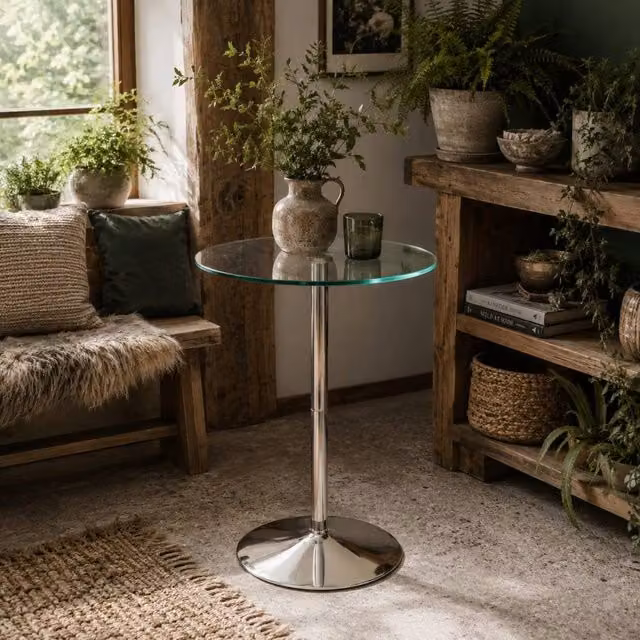 Wyld Haus Lorapa Round Clear Tempered Glass High Top Bistro Table with Steel Base, W/D/H: 60 x 60 x 102 cm