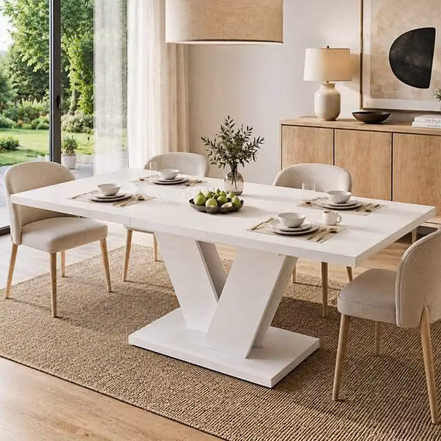 Matteo Extendable MDF Dining Table in White with X-Frame Legs, 4-8 Seater – 1
