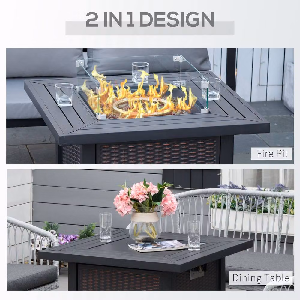 Rolipo 50,000 BTU Black Rattan Gas Fire Pit Table, W/D/H: 81 x 81 x 64 cm – 4