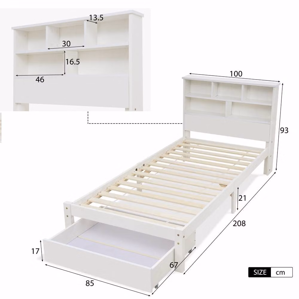 STILVORA White Wooden Single Bed Frame with Storage Drawers, W/D/H: 90 x 190 cm – 3