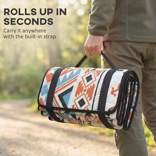 Outsunny Multicolour Ethnic Graphic Picnic Blanket with Integrated Strap, W: 300 cm, D: 200 cm – 5
