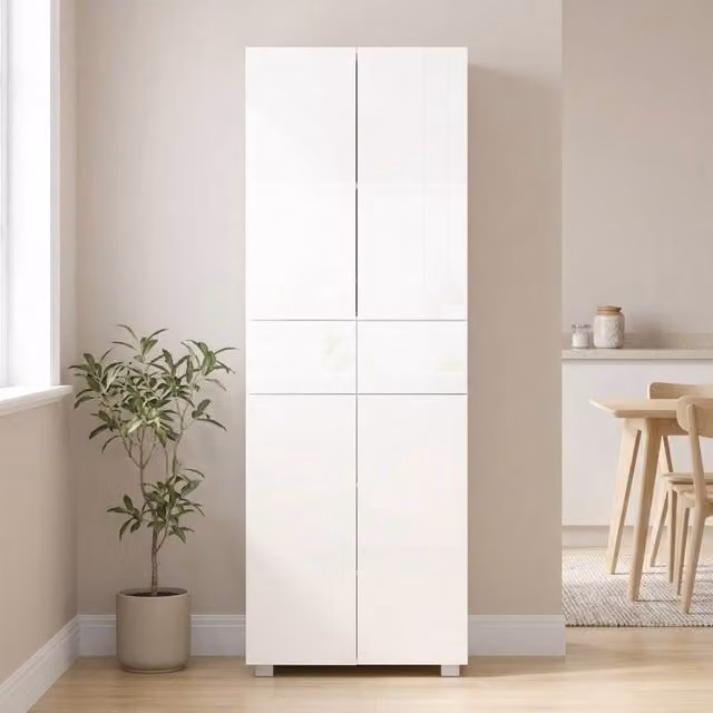 STILVORA Modern Tall Storage Cabinet in High Gloss White with Internal Drawers and Shelves – 1