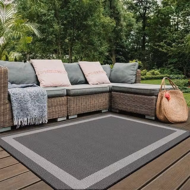 THE RUGS Reversible Duo Weave Outdoor Rug in Bordered Design, Charcoal Grey, W: 120 cm, D: 170 cm
