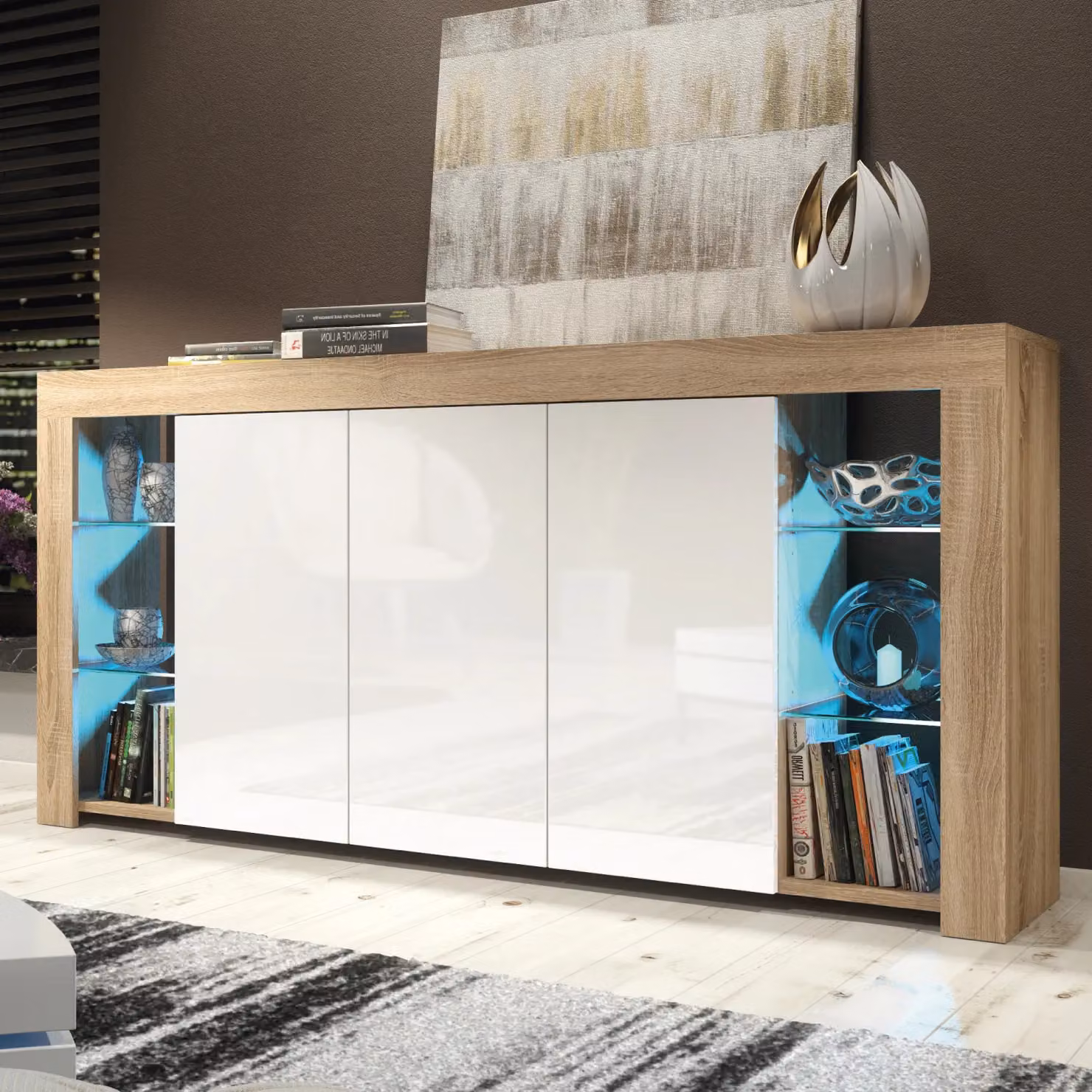 Creative Furniture Eden Sideboard in Oak with White Gloss Doors and Integrated LED Lighting, W: 164 cm, H: 83 cm, D: 35 cm – 4