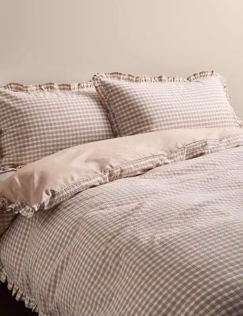 M&S Pure Cotton Checked Gingham Ruffle Bedding Set in Beige and Sand, 140 x 200 cm