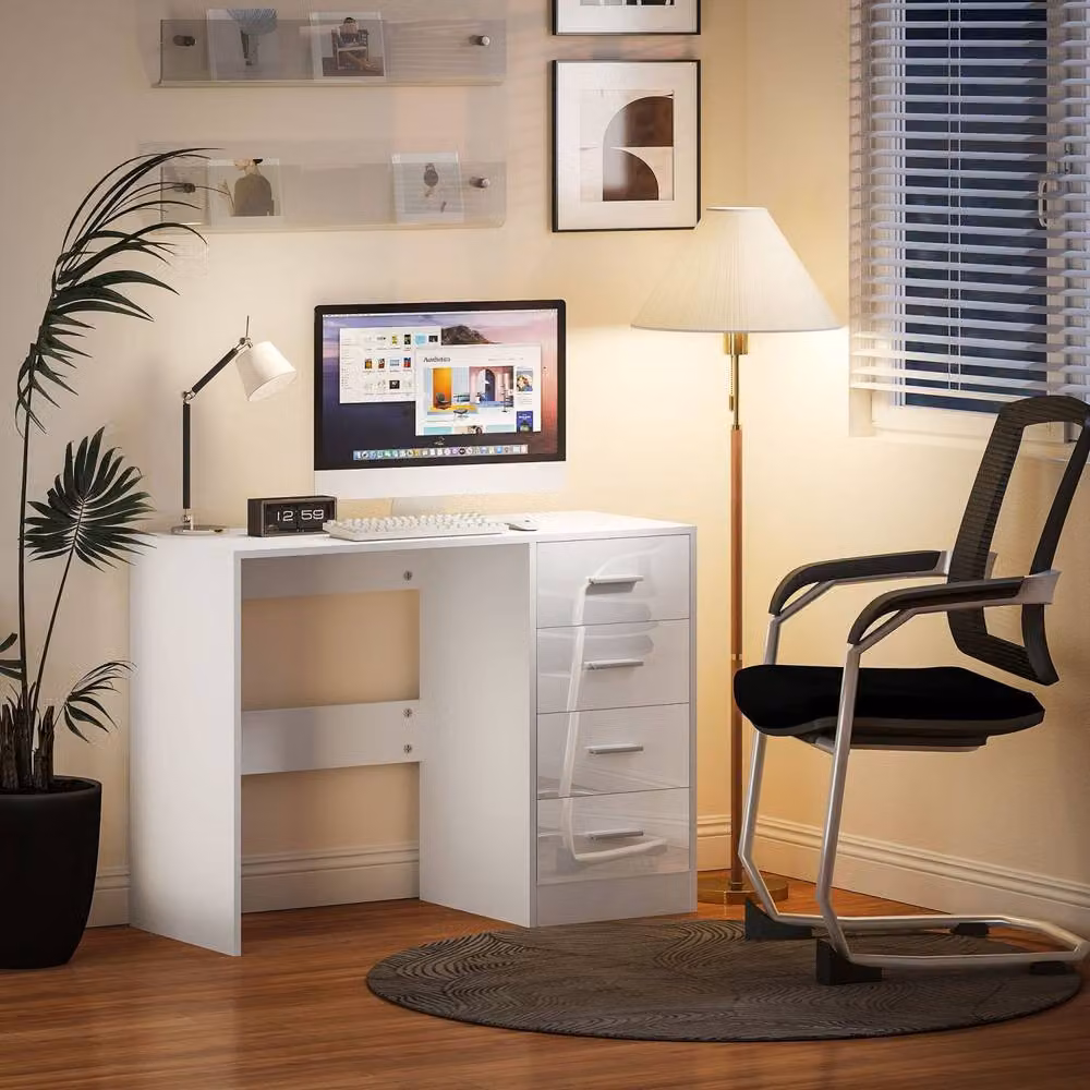 Wyld Haus Reka Modern Glossy White Writing Desk with Dual Pedestal Drawers, H: 98 cm, W: 120 cm, D: 60 cm – 9