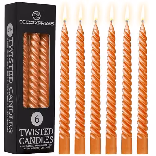 Deco Express Non-Drip Twisted Unscented Dinner Candles, Metallic Orange, Pack of 6