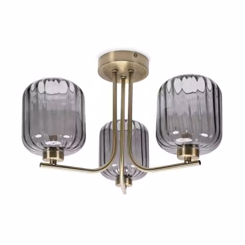ValueLights Gold 3 Way Ceiling Light Fitting with Smoked Grey Ribbed Glass Shades – 1