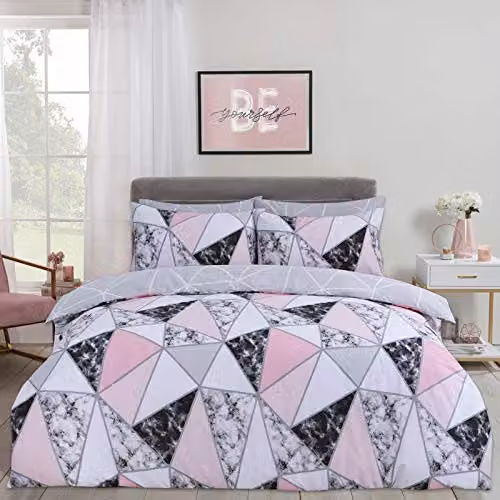 Dreamscene Marble Geometric Reversible Duvet Cover and Pillowcase Bedding Set, Grey and Pink, King Size (W: 230 cm, L: 220 cm)