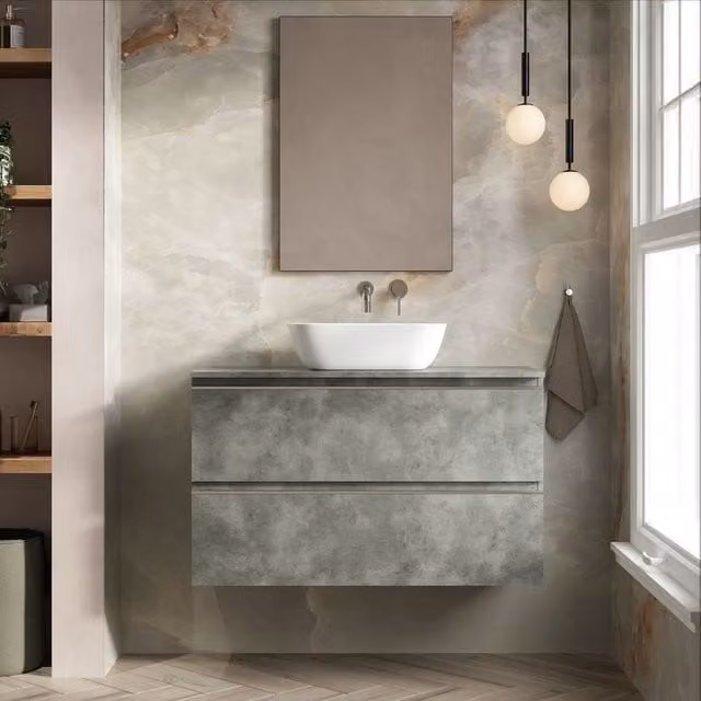 Banyetti Vatilla Wall Hung Vanity Unit with Matching Worktop, Cemento Grey, W: 100 cm, D: 45 cm, H: 59 cm – 1
