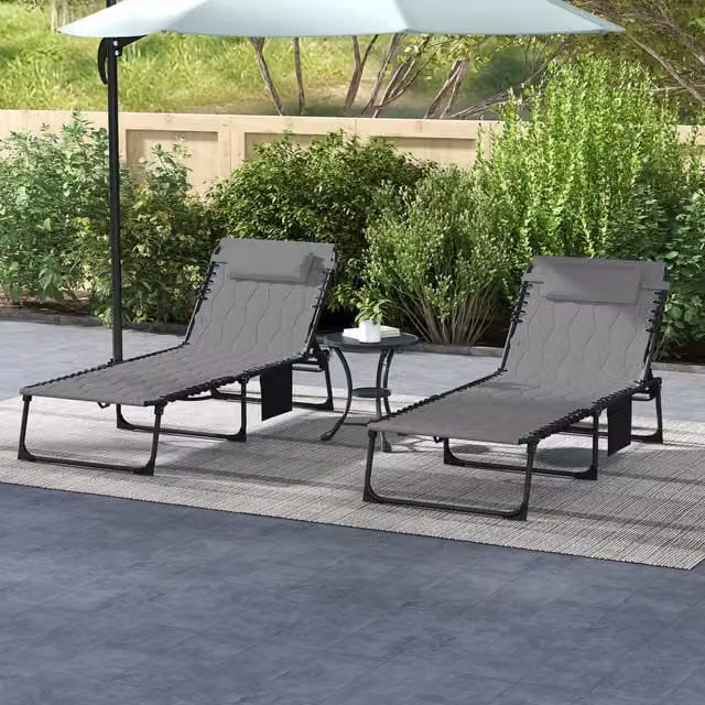 Outsunny 2 Piece Foldable Padded Sun Lounger Set in Grey with Textilene Fabric and Adjustable Headrests