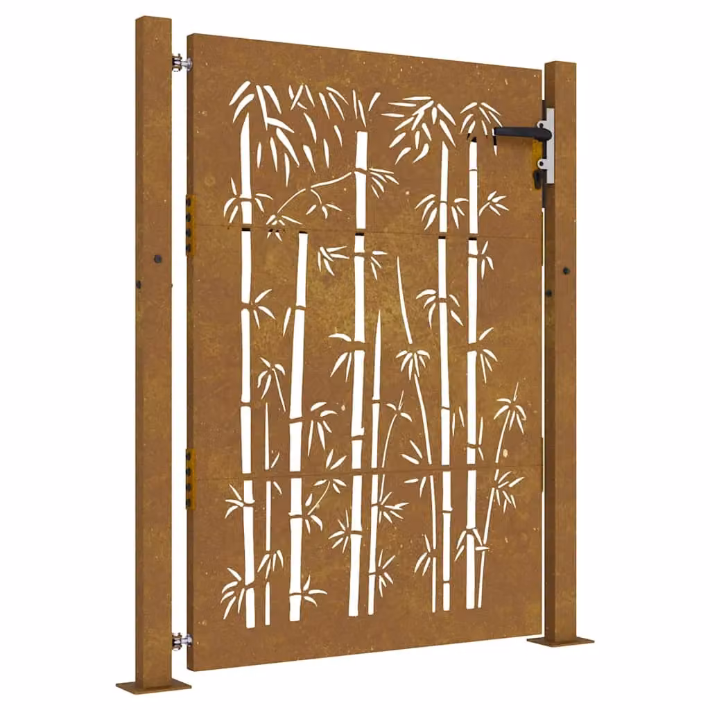 Berkfield Home Garden Gate in Brown Corten Steel with Bamboo Design, W: 105 cm, H: 155 cm – 2