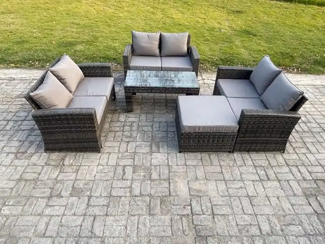 Fimous 7 Seater Rattan Wicker Garden Furniture Set in Dark Grey with Coffee Table, Double Seater Sofa and Ottoman