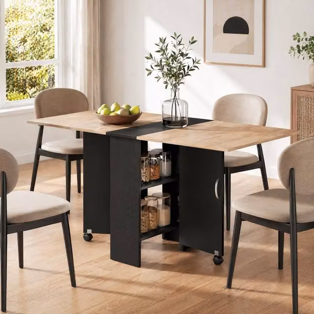 STILVORA Modern Black Drop Leaf Dining Table with Castors and Storage, W/D/H: 140 x 74 x 6 cm – 1