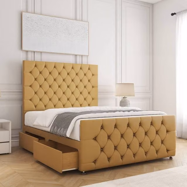 BSSPOKE Maya Super King Plush Velvet Divan Bed with 54 inch Headboard, 2 Drawers, Footend and Mattress in Mustard Yellow, W/D/H: 200 x 200 cm