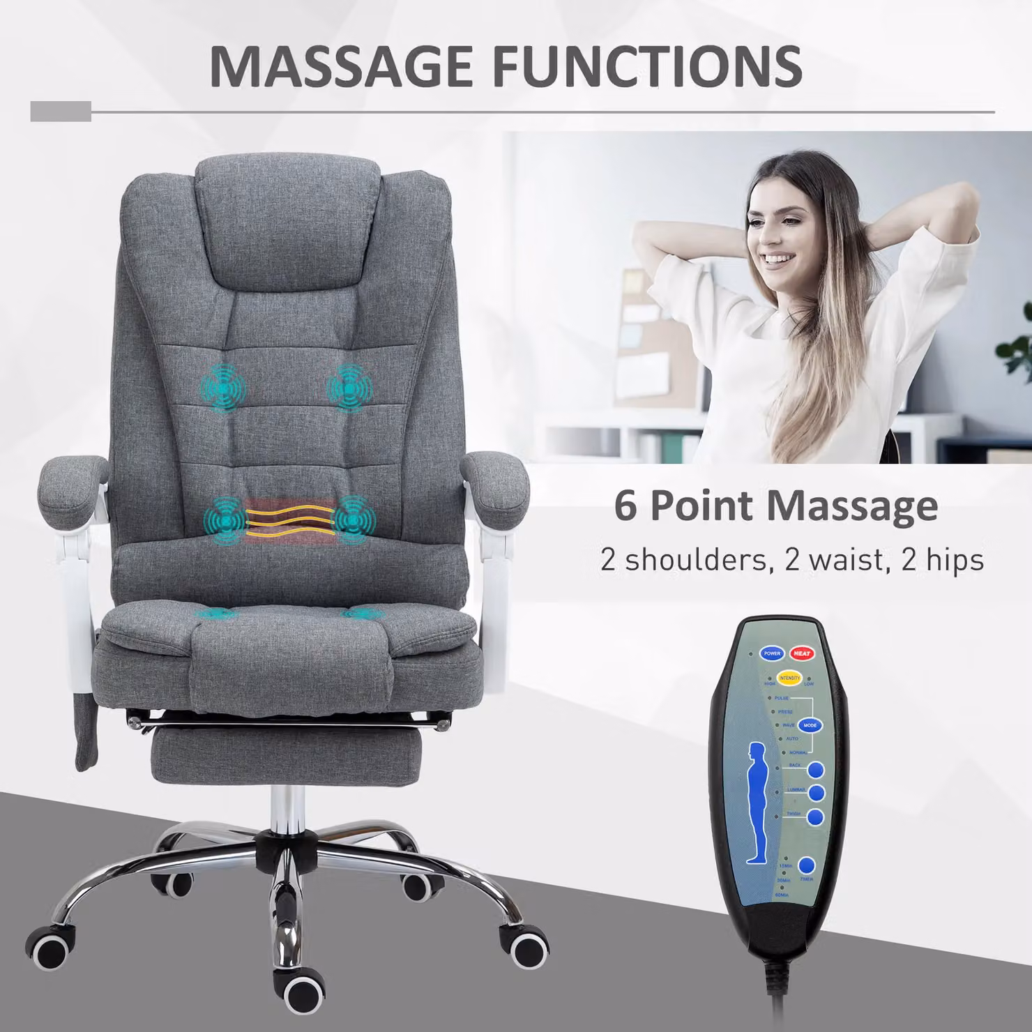 Vinsetto Ergonomic Heated 6-Point Vibration Massage Office Chair in Grey Microfibre – 3