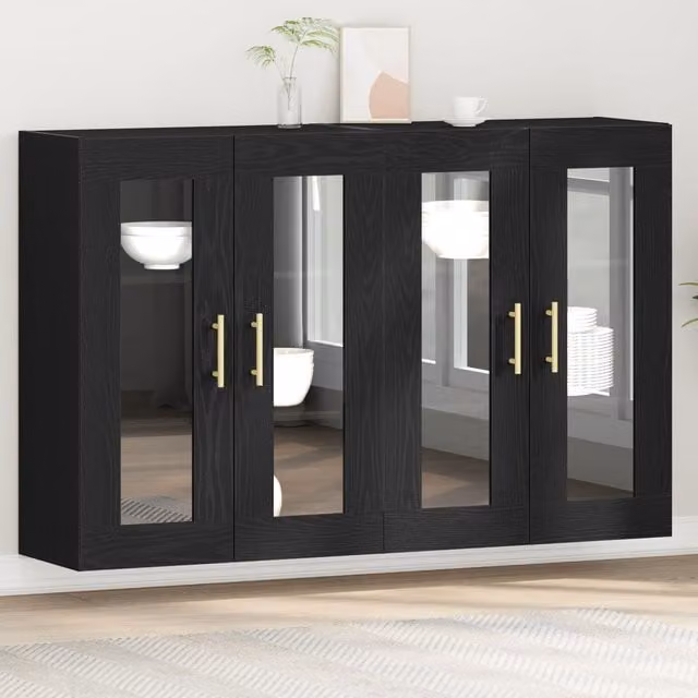 Berkfield Home Set of 2 Modern Wall Mounted Cabinets in Black Oak and Gold