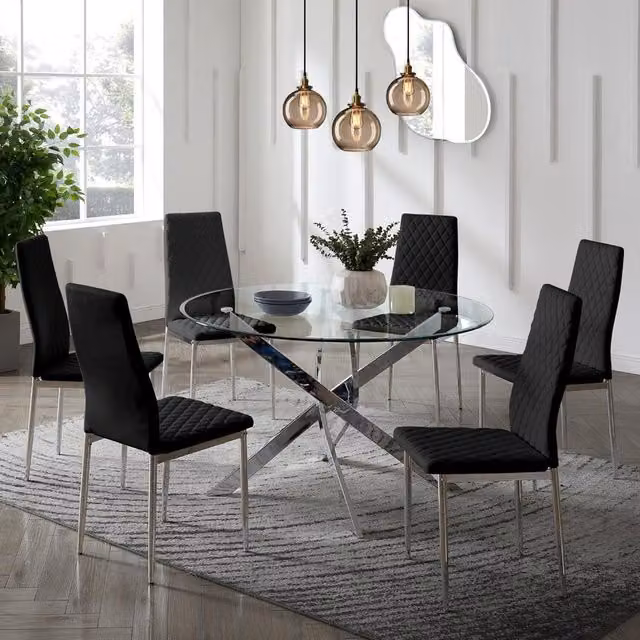 GRS Lyon Round Glass Dining Table with 6 Black Faux Leather Chairs and Silver Legs, Diameter: 120 cm, Height: 75 cm