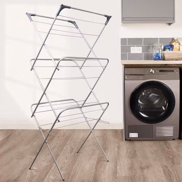 OHS 3 Tier Foldable Metal Clothes Airer Laundry Rack, Grey