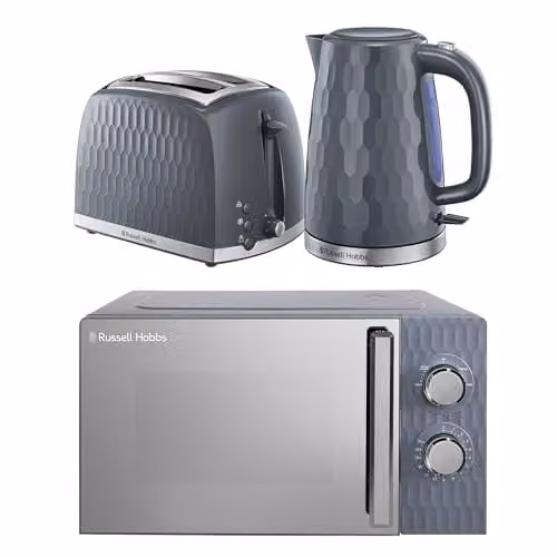 Russell Hobbs Honeycomb Grey Kitchen Set including 1.7L 2400W Kettle, 2 Slice Toaster and 17L 700W Microwave HCBNDL2G
