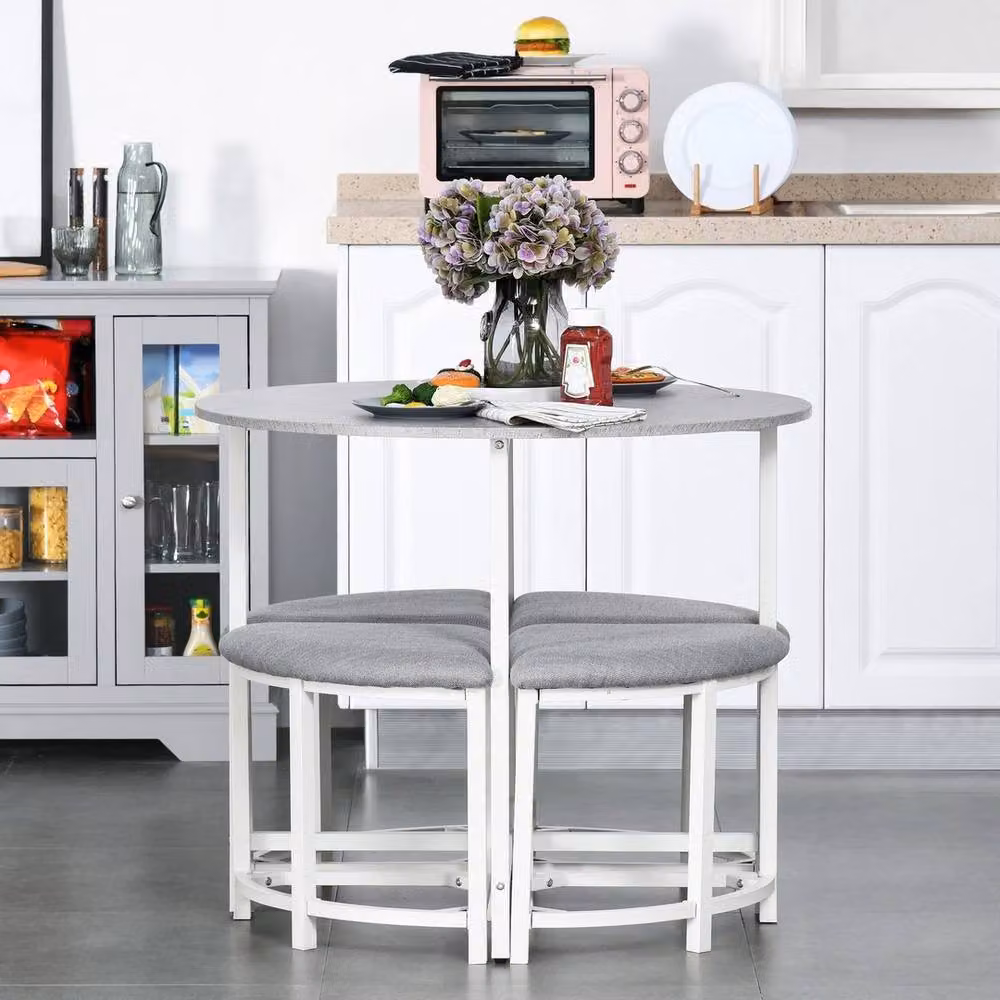 PAWNORA Modern Round Dining Table Set with 4 Grey Upholstered Stools – 3