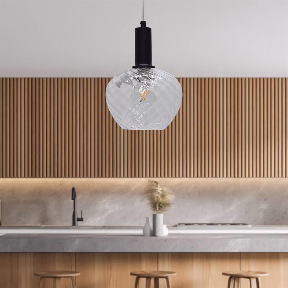 First Choice Lighting Bradson Art Deco Pendant Fitting with Black Metal and Transparent Swirl Glass, Height Adjustable and Dimmable – 2