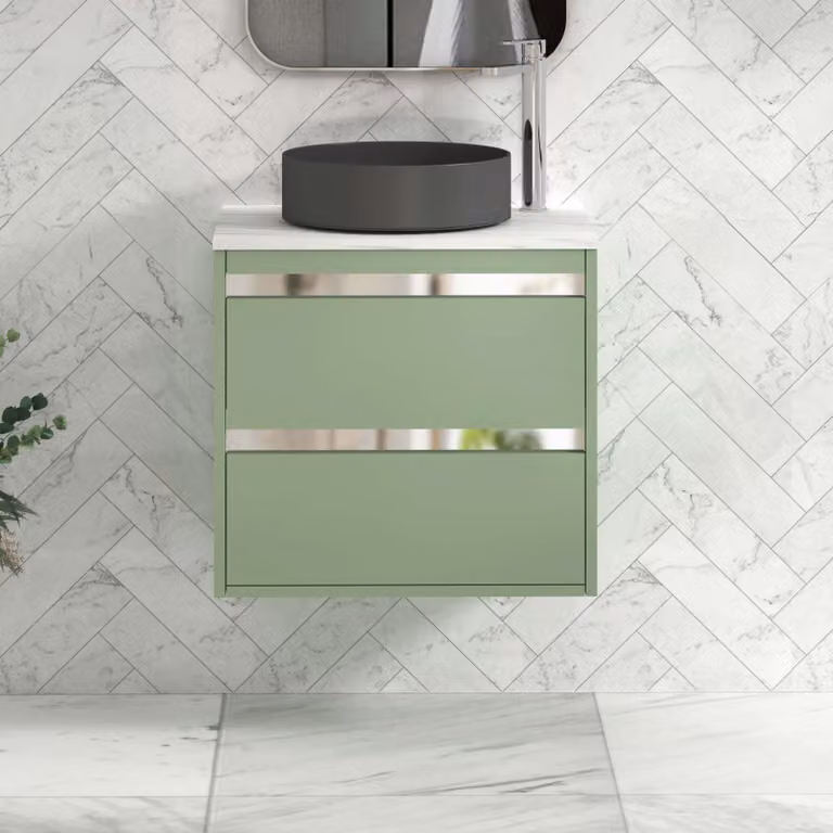 Royal Bathrooms Orion 600mm Wall Hung Mint Sage Vanity Unit with 2 Drawers and White Art Round Basin