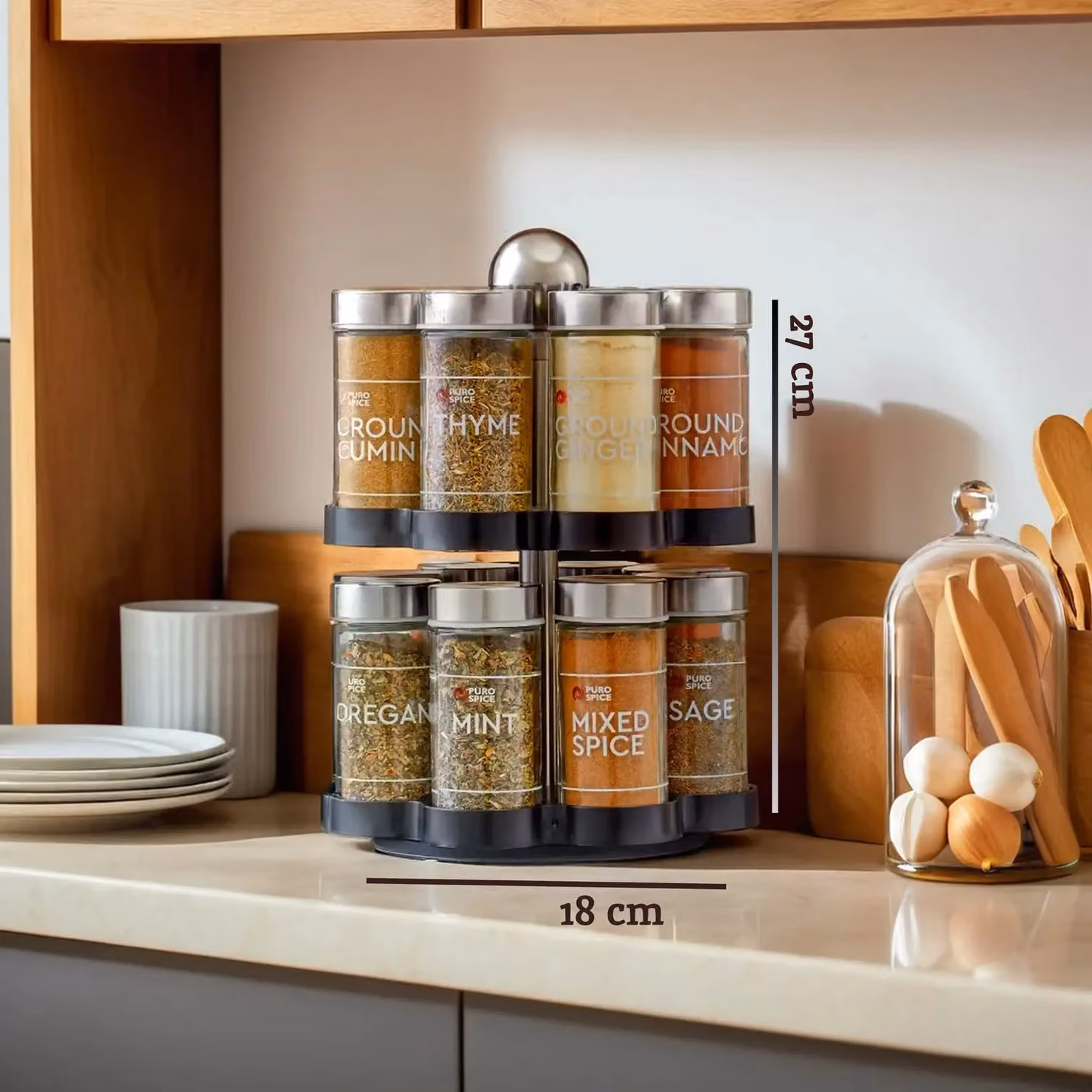 Orsina Revolving Black and Chrome Effect Spice Rack with 16 Jars and Stainless Steel Lids – 3