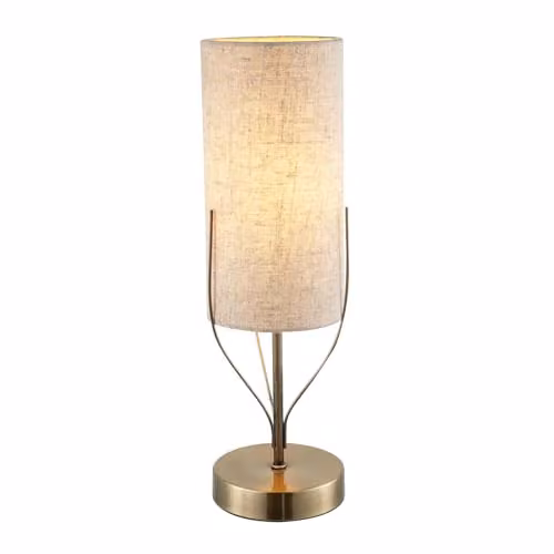 Happy Homewares Antique Brass Metal Table Lamp with Cylindrical Beige Fabric Shade, H 40 cm x W 12 cm x D 12 cm