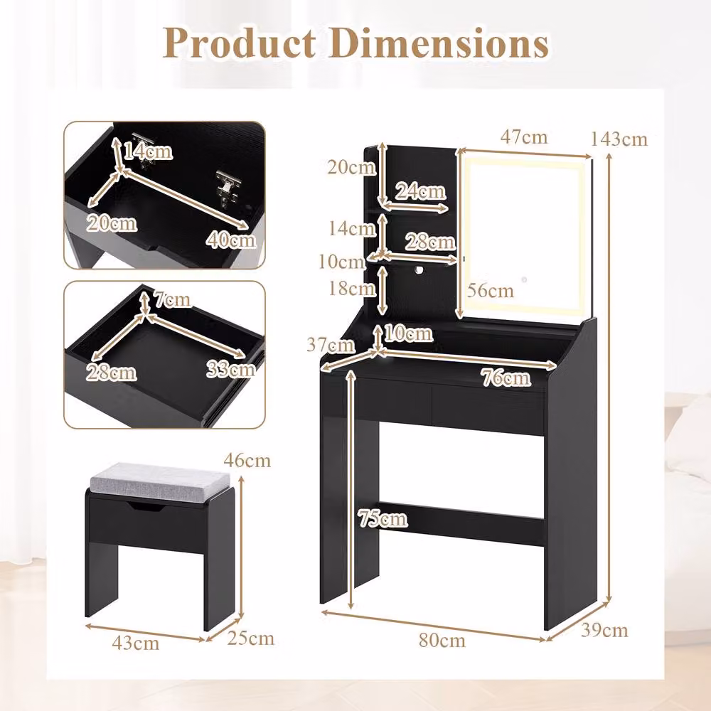 Costway Modern Wooden Vanity Desk Set with Hollywood LED Mirror and Storage Stool in Black – 2