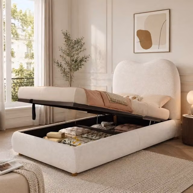 Rolipo Beige Bouclé Upholstered Single Bed Frame with Hydraulic Lift-Up Storage, W/D/H: 90 x 190 cm – 1
